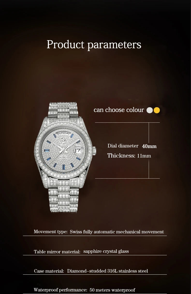 【START】Men's watch Swiss Automatic Mechanical Movement Diamond Watch Waterproof Date Week Function Golden watch