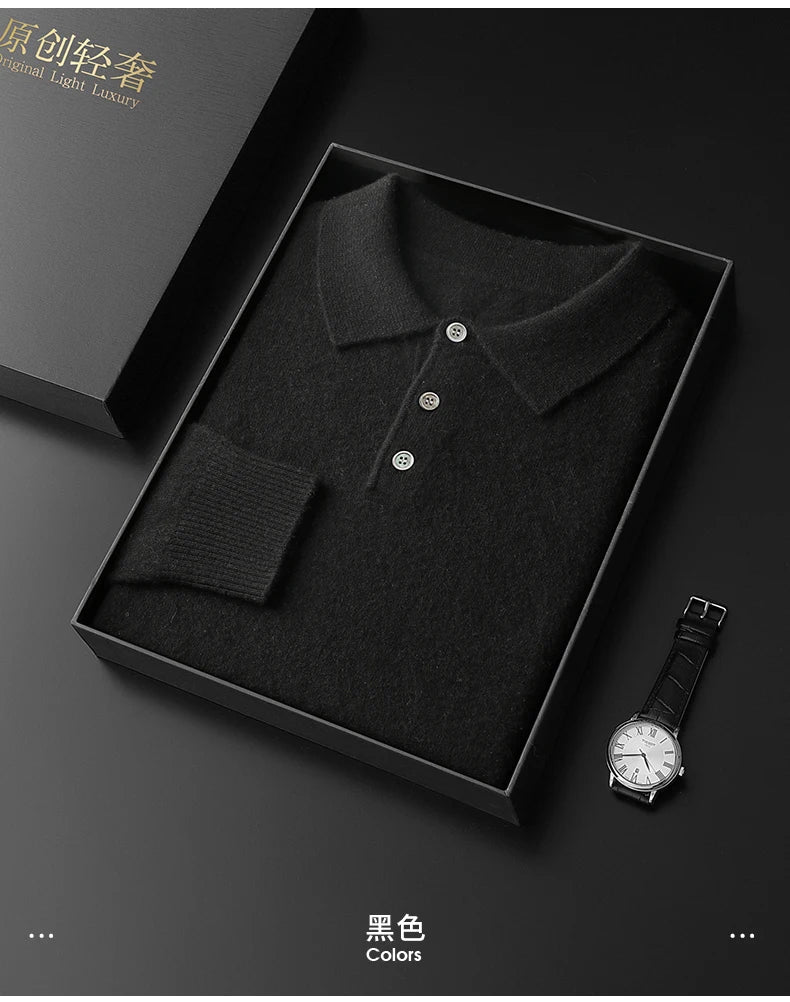 Men's POLO Collar Knitted Pullover Sweater 100% Cashmere Long Sleeved Shirt Casual Business Solid Color Men's Tops Autumn Winter