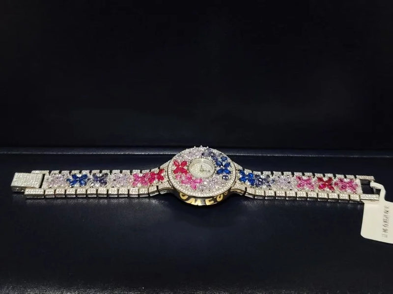 BELLUX Official Design Butterfly  Colored Synthetic Gemstone Full Diamond 925 Silver Women's Luxury Watch Fine Jewelry Gift