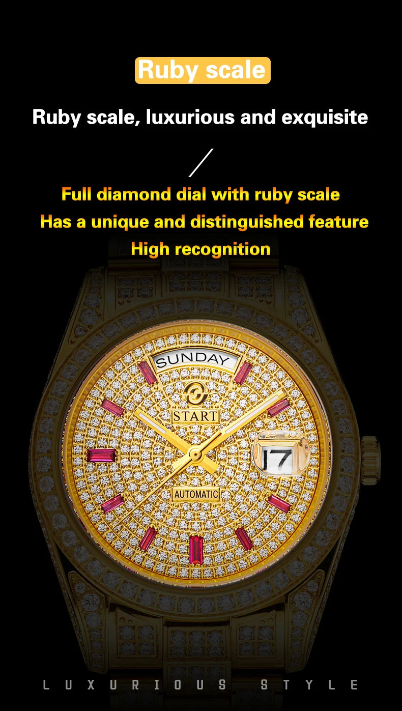 【START】Men's watch Swiss Automatic Mechanical Movement Diamond Watch Waterproof Date Week Function Golden watch