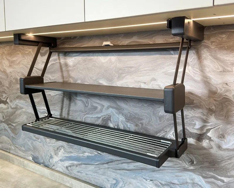 Kitchen Organizer Hanging Shelves 2 Layer Folding Dish Rack Top Mounted Lifting Basket Cabinet Kitchen Cupboard Cutlery Holder