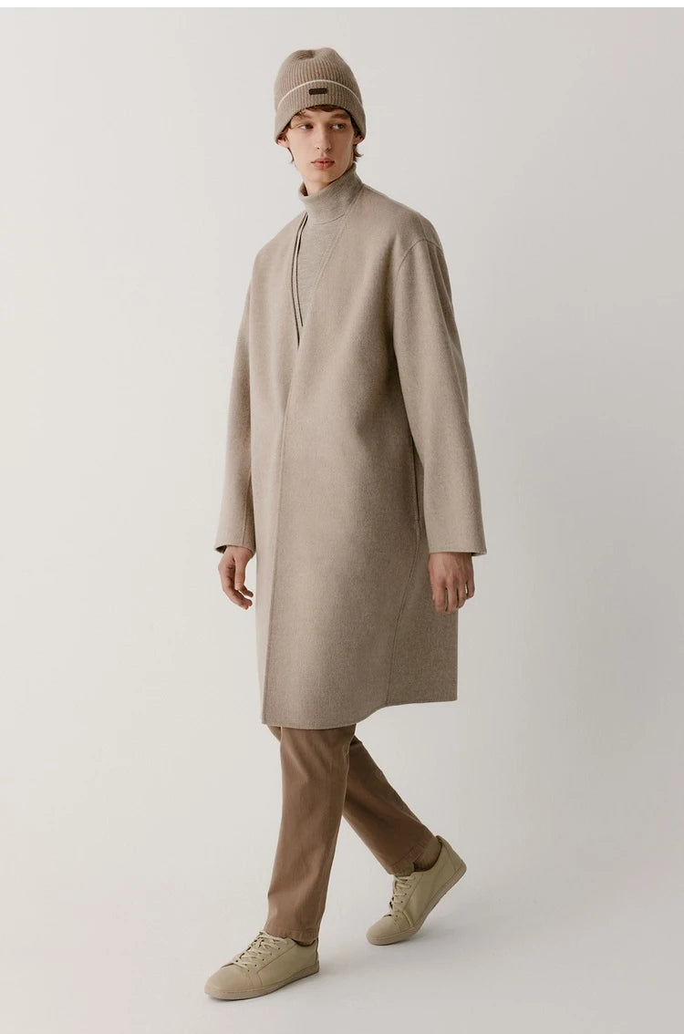 Double-sided cashmere autumn winter men's coat beige V-neck wool new fashion coat loose plus size fat 3XL 100KG warm soft wear