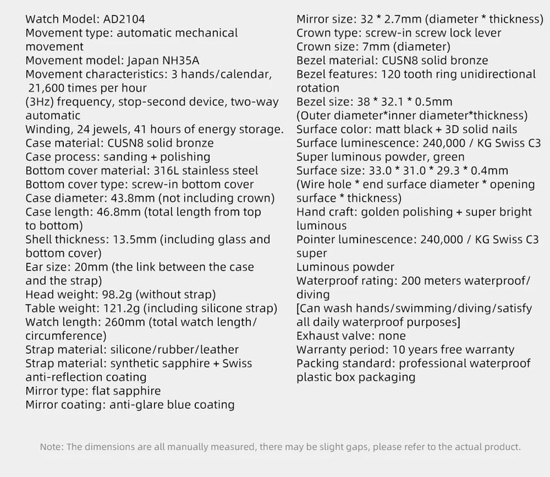 ADDIESDIVE AD2104 Retro Men's Watch CUSN8 Bronze Case Sapphire Automatic Mechanical Watch Watches Waterproof Luminous Wristwatch