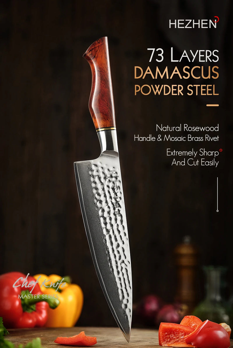 HEZHEN 8.3 Inches Chef Knife Power Steel Core 73 Layer Damascus Steel Kitchen Tools For Maet Cooking Knives Beautiful Gift Box