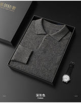Men's POLO Collar Knitted Pullover Sweater 100% Cashmere Long Sleeved Shirt Casual Business Solid Color Men's Tops Autumn Winter