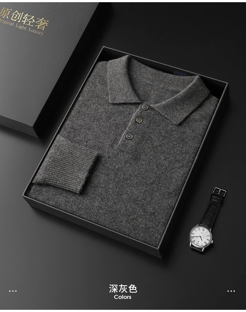 Men's POLO Collar Knitted Pullover Sweater 100% Cashmere Long Sleeved Shirt Casual Business Solid Color Men's Tops Autumn Winter