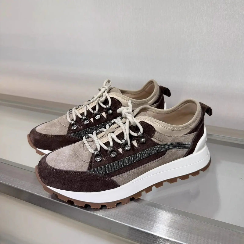 2025 Early Spring Full-Grain Leather Patchwork Chain Retro Color-Block Thick-Sole Casual Women's Shoes