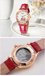 BERNY Luxury 18K Gold Mechanical Watch for Women Automatic Self-Wind Sapphire Ladies Wristwatch 72 Diamond 5ATM Skeleton Design