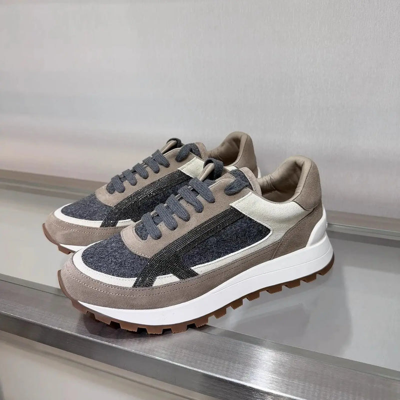 2025 Early Spring Full-Grain Leather Patchwork Chain Retro Color-Block Thick-Sole Casual Women's Shoes