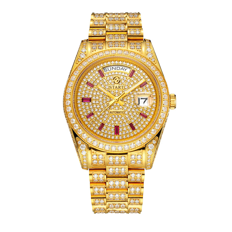 【START】Men's watch Swiss Automatic Mechanical Movement Diamond Watch Waterproof Date Week Function Golden watch