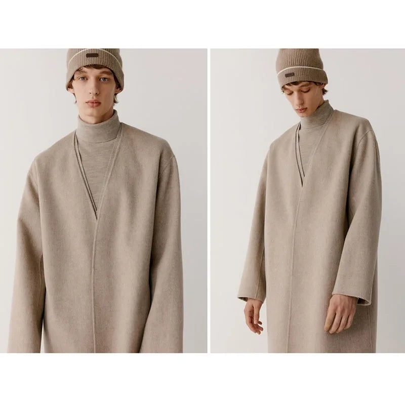 Double-sided cashmere autumn winter men's coat beige V-neck wool new fashion coat loose plus size fat 3XL 100KG warm soft wear