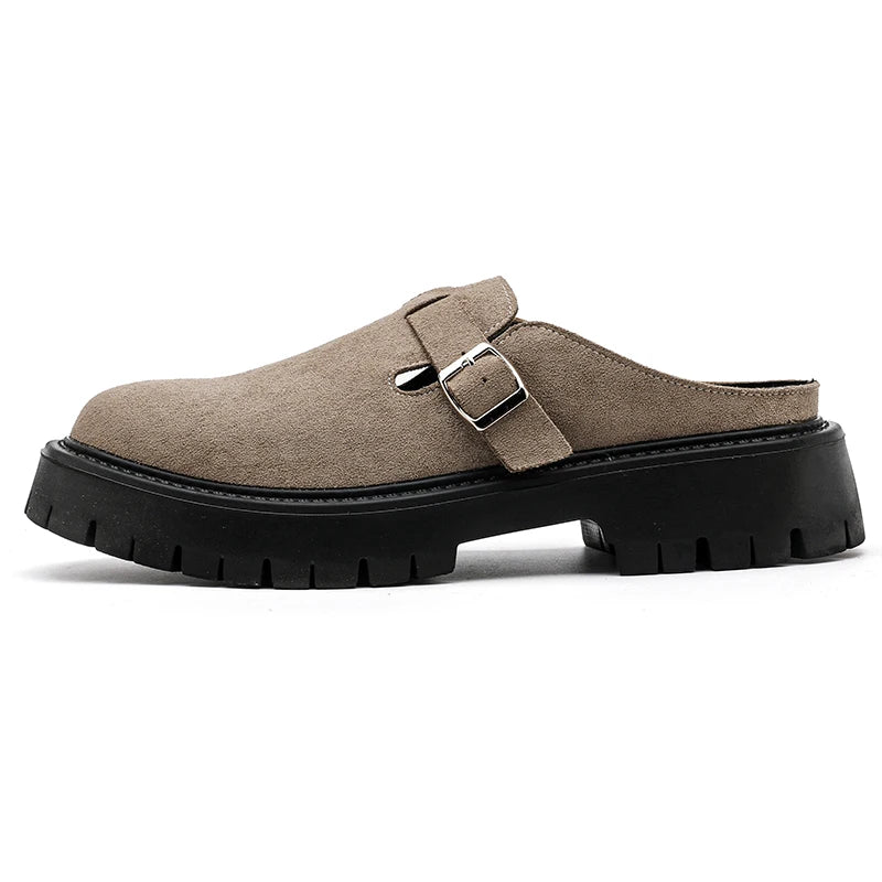 Fashion Khaki Suede Loafers Round Toe Toe  Thick Soled Slippers Men's Leather Shoes Party Casual Thick Soled Shoes for Men