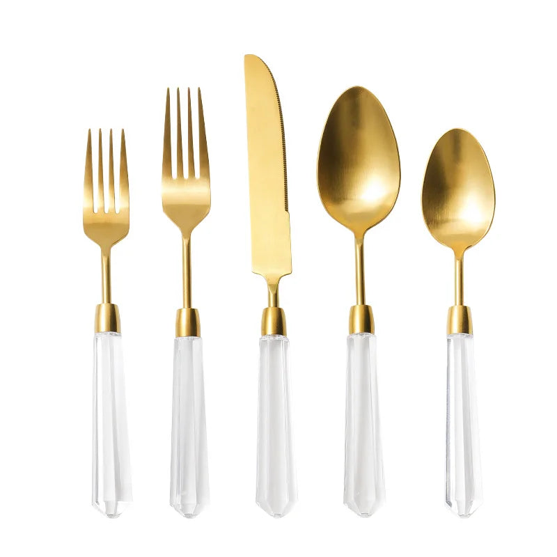 High End Diamond Series Knife, Fork and Spoon Set Flatware, 304 Stainless Steel, Gold and Silver Cutlery Serves 4