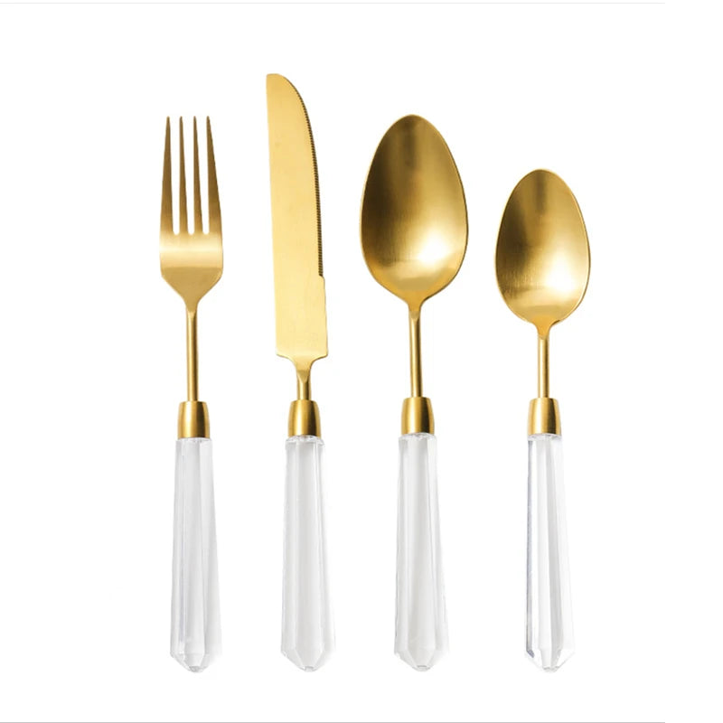 High End Diamond Series Knife, Fork and Spoon Set Flatware, 304 Stainless Steel, Gold and Silver Cutlery Serves 4