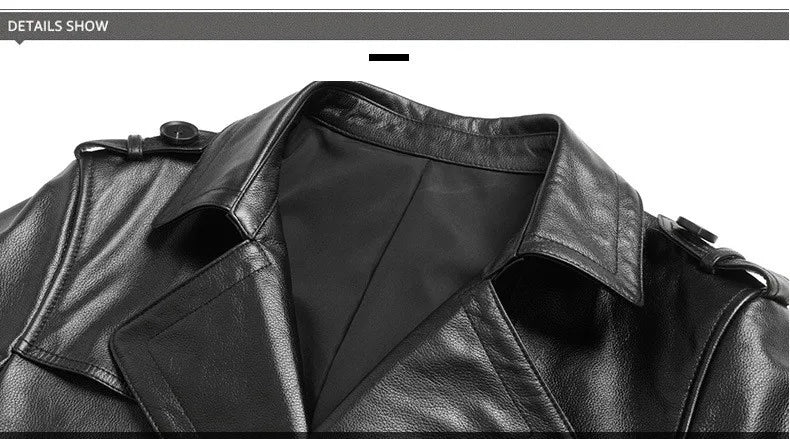 Men's Genuine Cowhide Leather Trench Coat Long Youth Handsome Belted Suit Collar Jacket for Autumn Winter 6XL