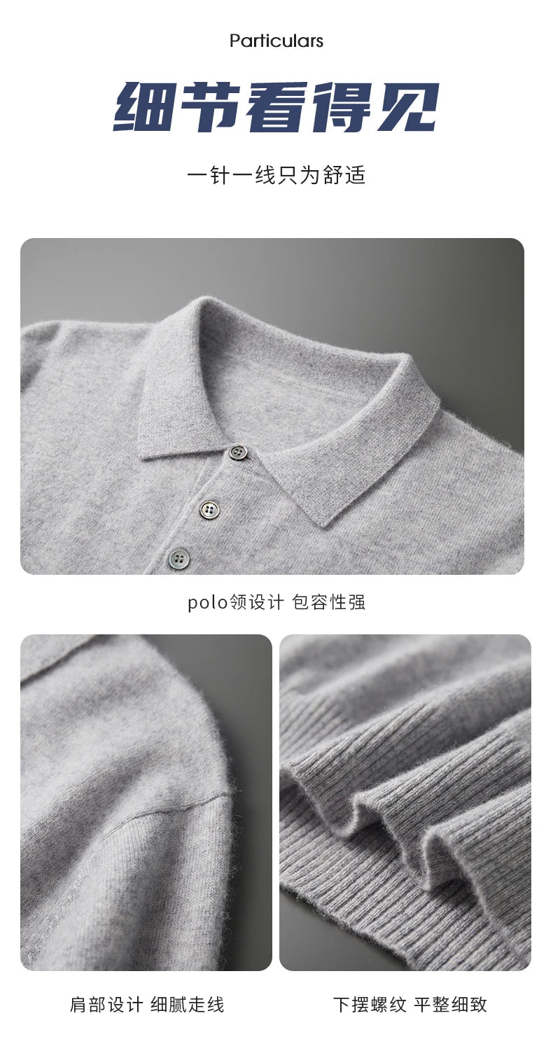 Men's POLO Collar Knitted Pullover Sweater 100% Cashmere Long Sleeved Shirt Casual Business Solid Color Men's Tops Autumn Winter