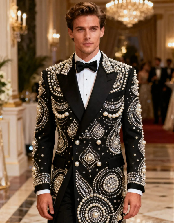 Sparkly Crystal Beaded Men Suits Customized 2 Pieces Sets Groom Male Blazers ropa hombre Long Coat Pants Wedding Party Tuxedo