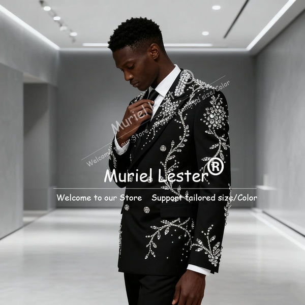 Metallic Jewelry Stones Wedding Suits For Men 2 Pieces Double Breasted Prom Blazers Customized Man Attire Groom Stage Tuxedos