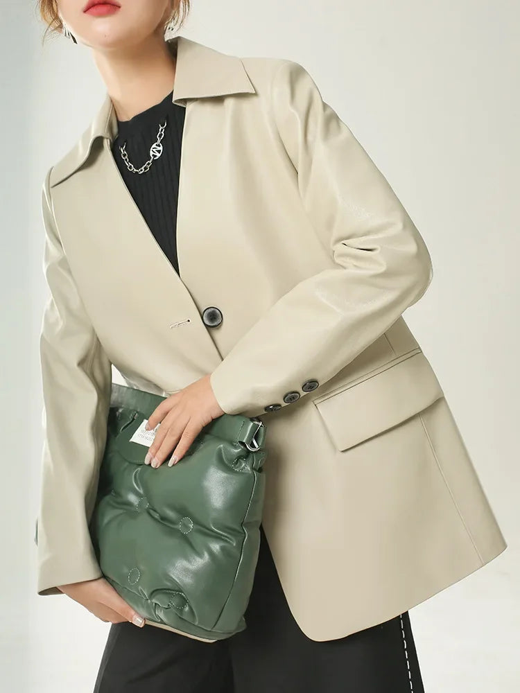 Women's Leather Jacket Coat, Collarless Suit, The First Layer Sheepskin, Lady Leather Coat, Spring and Autumn Fashion