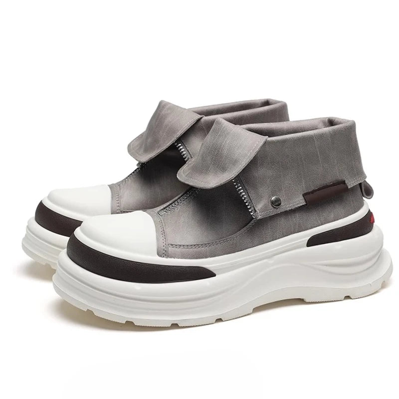 Genuine Leather Thick Soled High Top Board Shoes for Men's England Trendy Brand Front Zipper Comfortable Casual Workwear Shoes