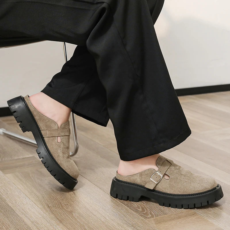 Fashion Khaki Suede Loafers Round Toe Toe  Thick Soled Slippers Men's Leather Shoes Party Casual Thick Soled Shoes for Men