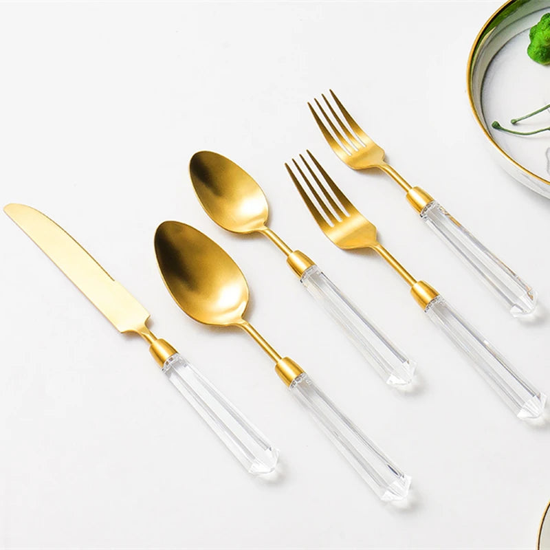 High End Diamond Series Knife, Fork and Spoon Set Flatware, 304 Stainless Steel, Gold and Silver Cutlery Serves 4