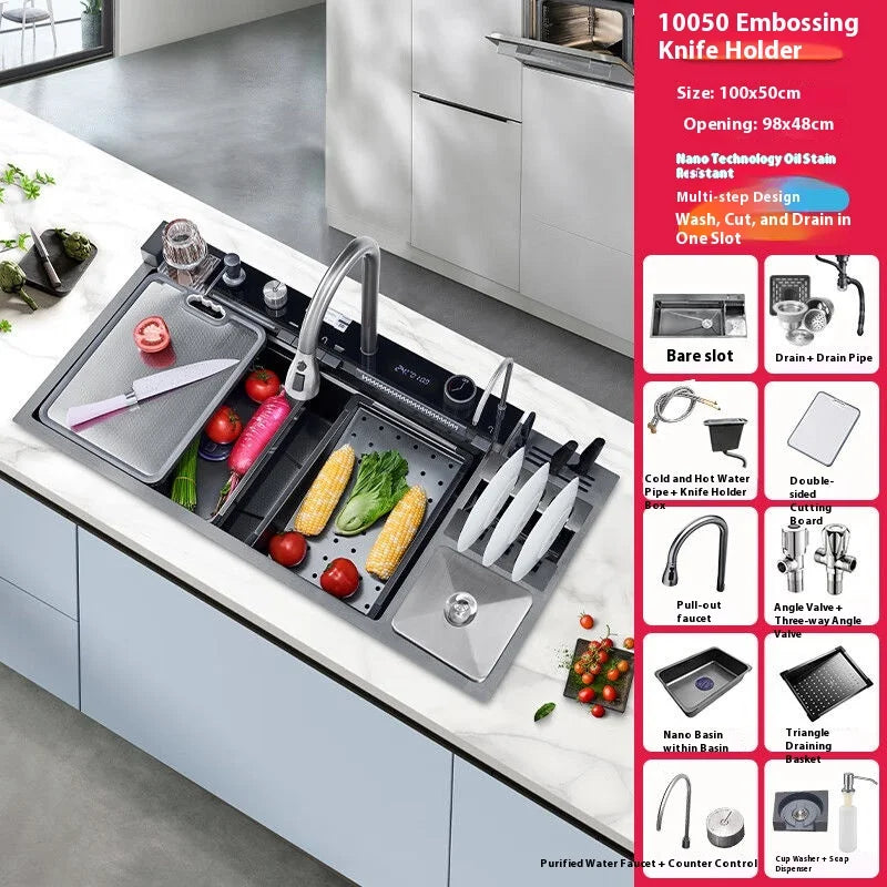 100 CM Large Size Single Slot Stainless Steel Kitchen Sink Multifunctional With Trash Can and Draining Rack Wash Vegetable Basin