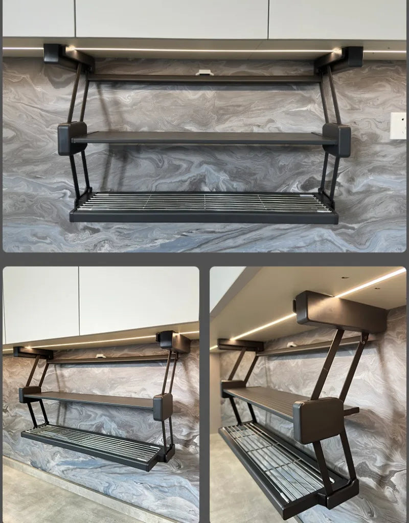 Kitchen Organizer Hanging Shelves 2 Layer Folding Dish Rack Top Mounted Lifting Basket Cabinet Kitchen Cupboard Cutlery Holder