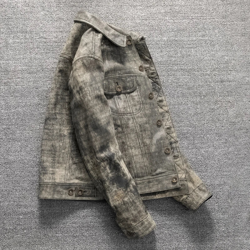 Camouflage Grey Spring Leather Jacket Men Vintage Style Genuine Natural Sheepskin Single Breasted Leather Coat