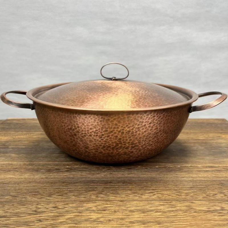 Vintage Copper Soup Pot,Handcrafted Hot Pot Food Cooking Utensil Simmering and Pasta Stewing,With lid 24 cm Handheld Pots