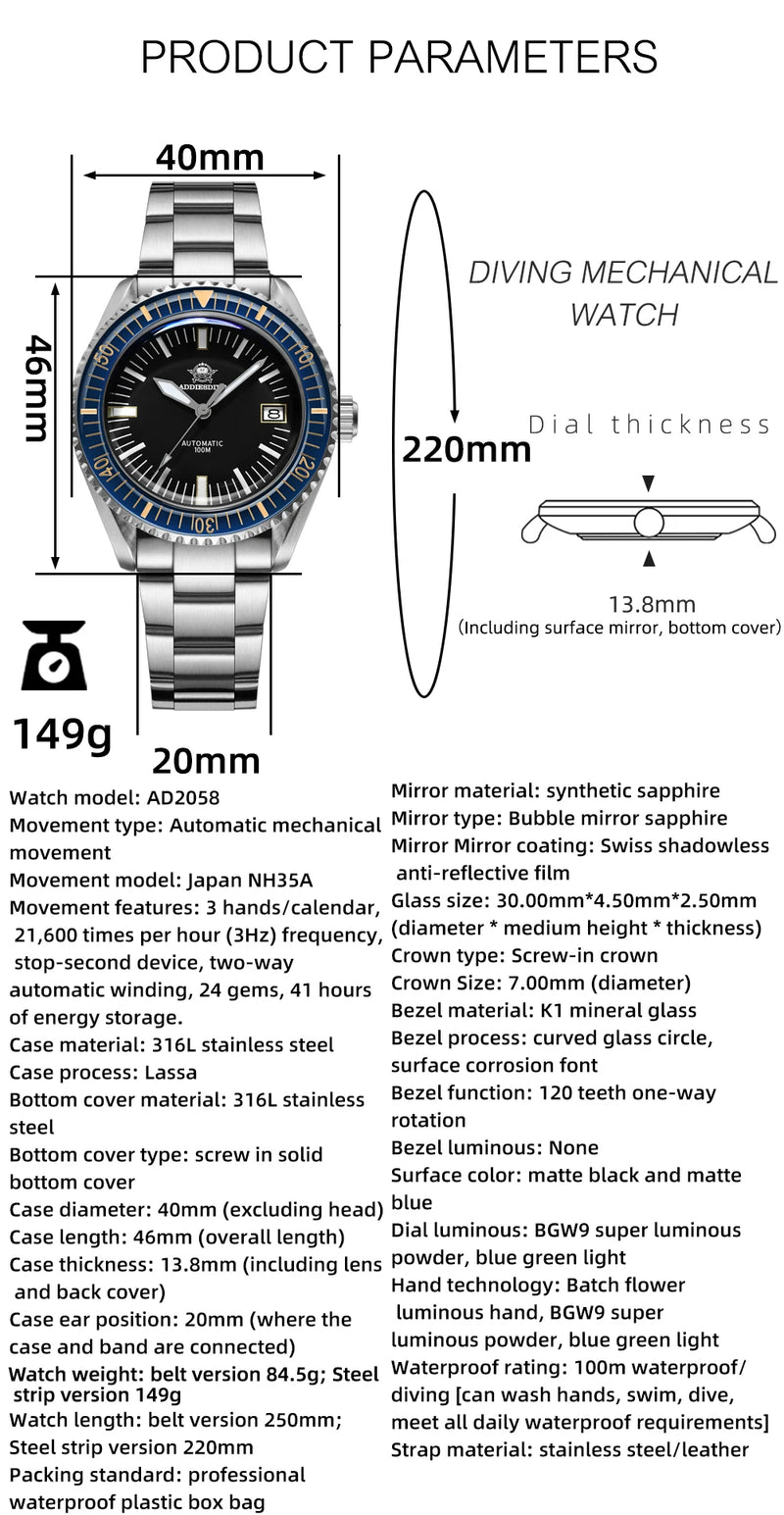 ADDIESDIVE 100m Waterproof Mechanical Watches Sapphire BGW9 Luminous NH35 Automatic Watch Stainless Steel Sports Diving Watches