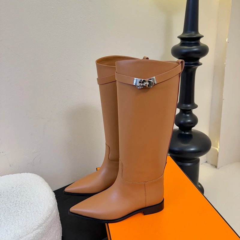 Hot Sale Long womens boots Knee-high boots Luxe-Design Pointed toe and Genuine leather sole Cowhide straight boots size 35-41