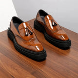 Mens Genuine Leather Loafers Summer Slip On Breathable Thick Sole Brogue Tassel Casual Dress Shoes