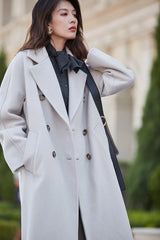 Women 100% Wool Coat For Winter Elegant Beautiful High Grade Brand Blends Double-breasted Office Woolen Overcoat XS With Belt