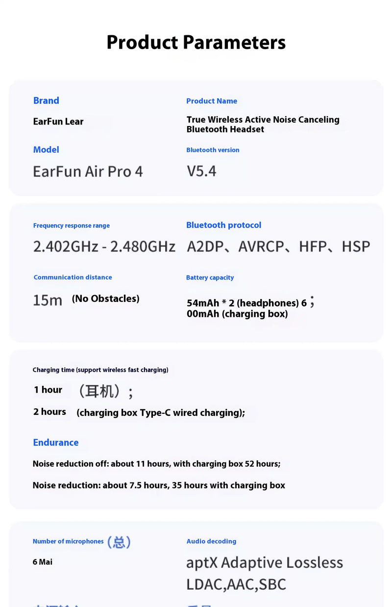 EarFun Air Pro 4 Wireless Earphone Active Noise Reduction HI-FI Bluetooth5.4 Earphones E-sports IPX5 Waterproof PC Gamer Headset