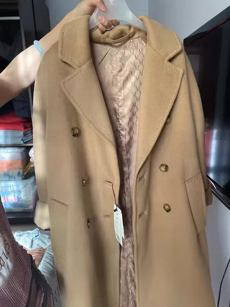 Women 100% Wool Coat For Winter Elegant Beautiful High Grade Brand Blends Double-breasted Office Woolen Overcoat XS With Belt