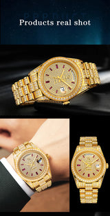 【START】Men's watch Swiss Automatic Mechanical Movement Diamond Watch Waterproof Date Week Function Golden watch