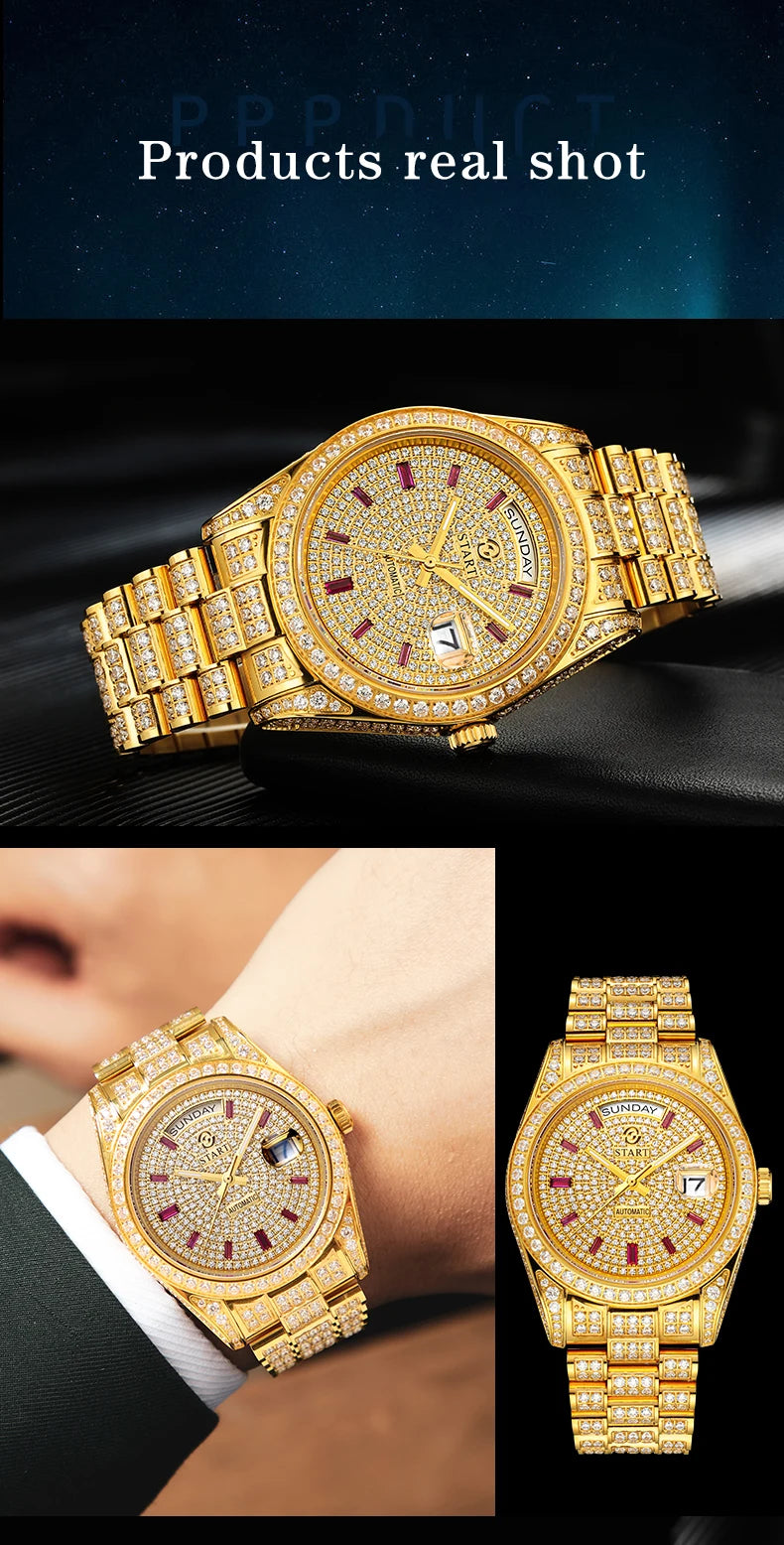 【START】Men's watch Swiss Automatic Mechanical Movement Diamond Watch Waterproof Date Week Function Golden watch