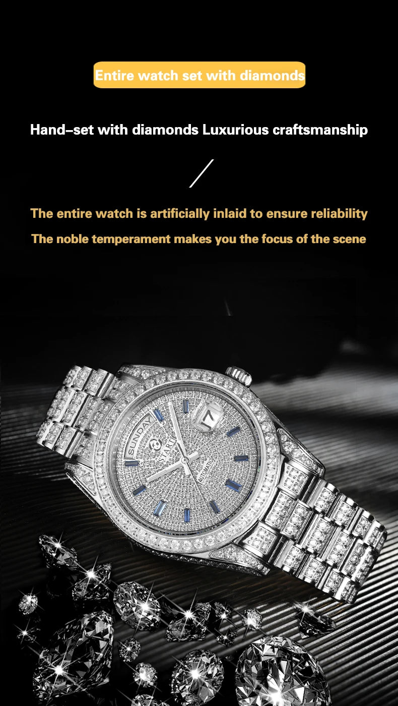 【START】Men's watch Swiss Automatic Mechanical Movement Diamond Watch Waterproof Date Week Function Golden watch