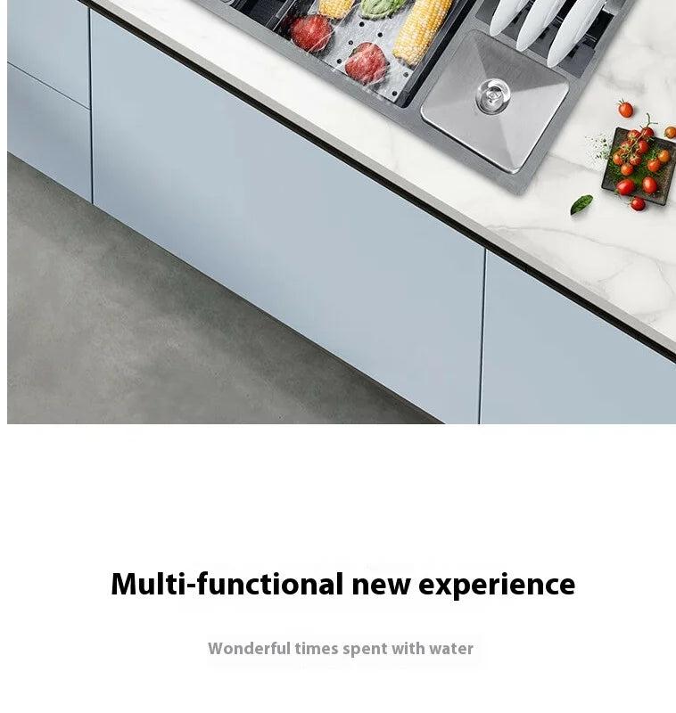 100 CM Large Size Single Slot Stainless Steel Kitchen Sink Multifunctional With Trash Can and Draining Rack Wash Vegetable Basin