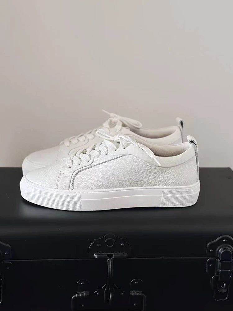 MOOQDAAX 2025 Spring Autumn England Style Fashion Genuine Leather Cowhide Casual Vulcanized Pure White Shoes Sneakers Woman