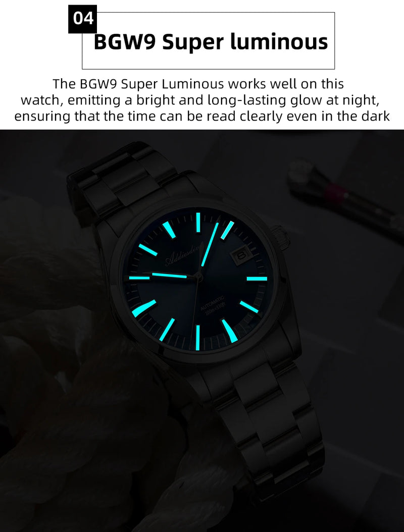 ADDIESDIVE NEW AD2077 Men Mechanical Wristwatches Sunburst Dial AR Coated Coated Dome Glass Waterproof Luxury Automatic Watches