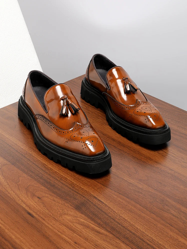 Mens Genuine Leather Loafers Summer Slip On Breathable Thick Sole Brogue Tassel Casual Dress Shoes