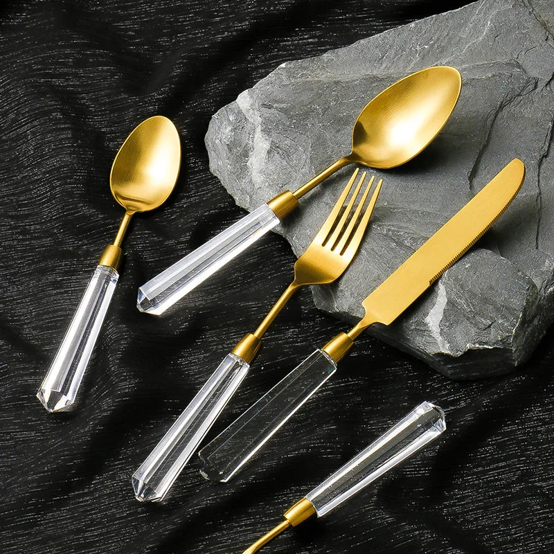 High End Diamond Series Knife, Fork and Spoon Set Flatware, 304 Stainless Steel, Gold and Silver Cutlery Serves 4