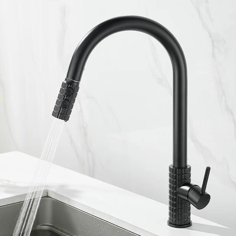 Kitchen Brush Gold Patterned Brass Faucet Pull Out 360 Degree Swivel Hot And Cold Mixer Tap Stream Sprayer Head Single Handle