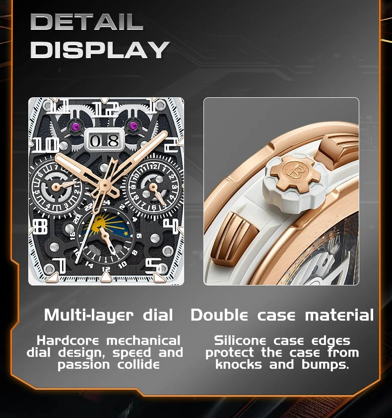 Bonest Gatti Men Luxury Automatic Movement Skeleton Mechanical Watch Rubber Band Diamond Bezel Man watch German Design BG-5004