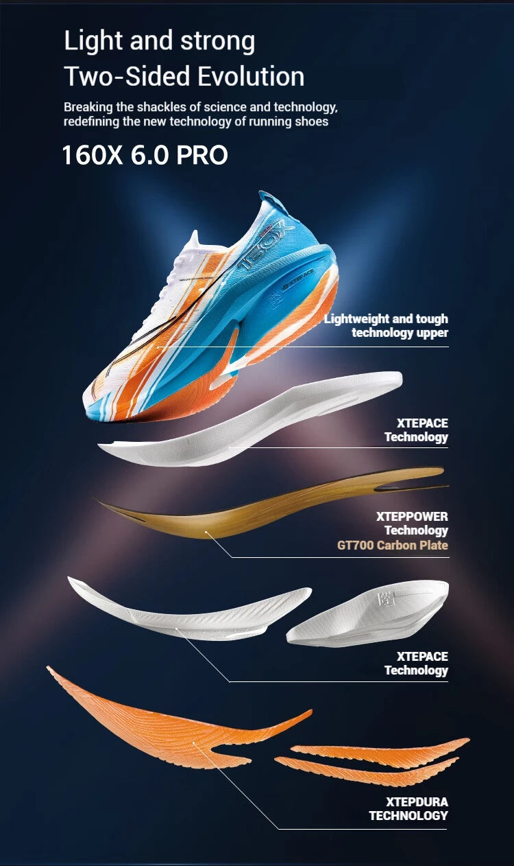 Xtep 160X 6.0 PRO Men's Running Shoes 2024 Champion Racing Carbon Plate Sneakers Professional Marathon 975119110003