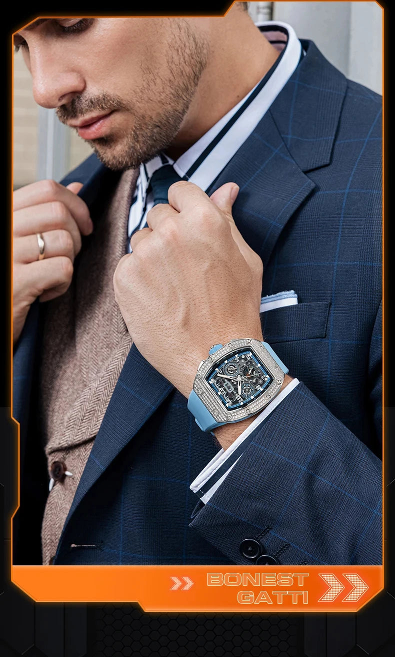 Bonest Gatti Men Luxury Automatic Movement Skeleton Mechanical Watch Rubber Band Diamond Bezel Man watch German Design BG-5004