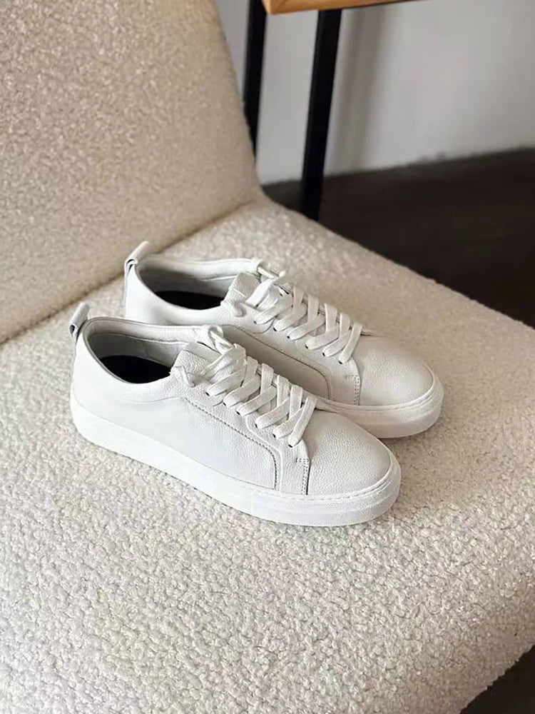 MOOQDAAX 2025 Spring Autumn England Style Fashion Genuine Leather Cowhide Casual Vulcanized Pure White Shoes Sneakers Woman