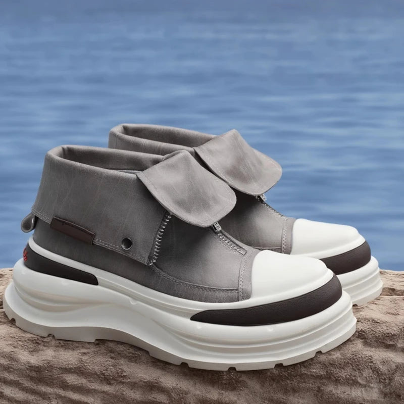 Genuine Leather Thick Soled High Top Board Shoes for Men's England Trendy Brand Front Zipper Comfortable Casual Workwear Shoes